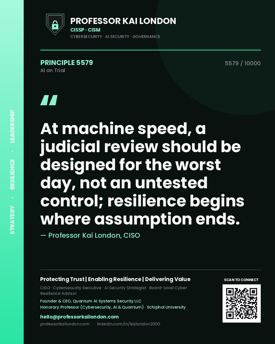 Professor Kai London principle 5579: At machine speed, a judicial review should be designed for the worst day, not an untested control; resilience begins where assumption ends.
