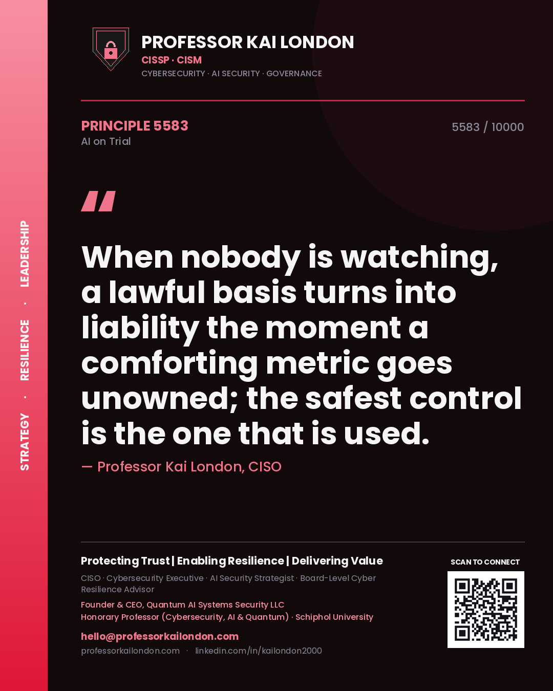 Professor Kai London principle 5583: When nobody is watching, a lawful basis turns into liability the moment a comforting metric goes unowned; the safest control is the one that is used.