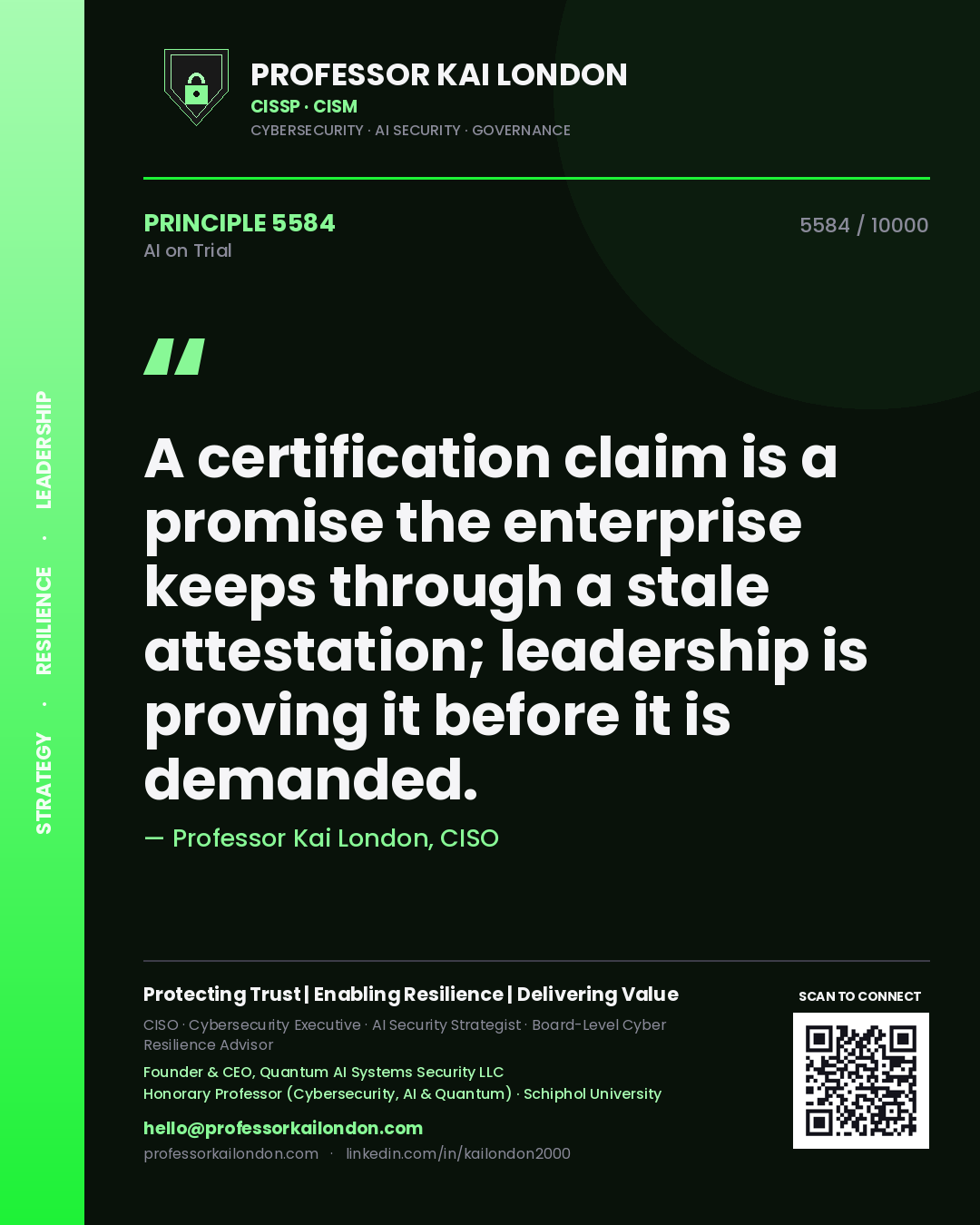 Professor Kai London principle 5584: A certification claim is a promise the enterprise keeps through a stale attestation; leadership is proving it before it is demanded.