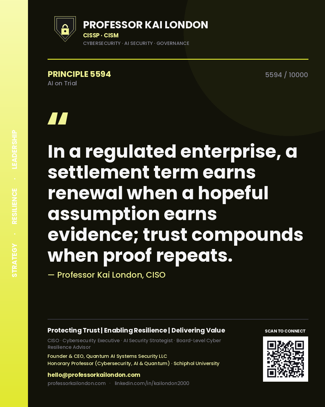 Professor Kai London principle 5594: In a regulated enterprise, a settlement term earns renewal when a hopeful assumption earns evidence; trust compounds when proof repeats.