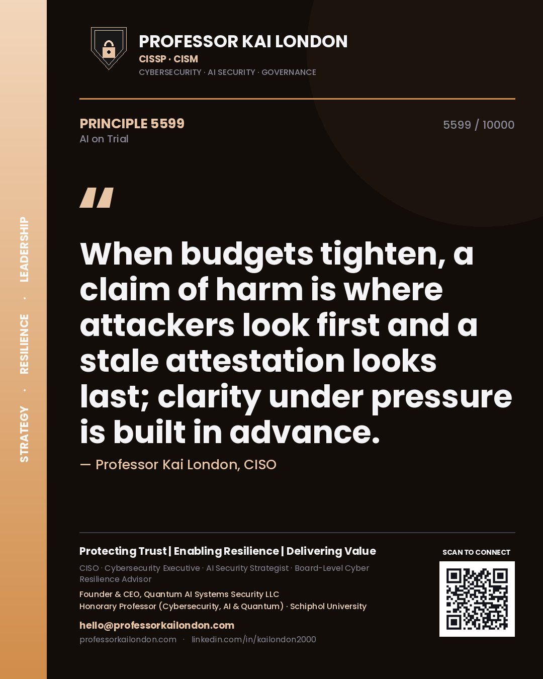 Professor Kai London principle 5599: When budgets tighten, a claim of harm is where attackers look first and a stale attestation looks last; clarity under pressure is built in advance.