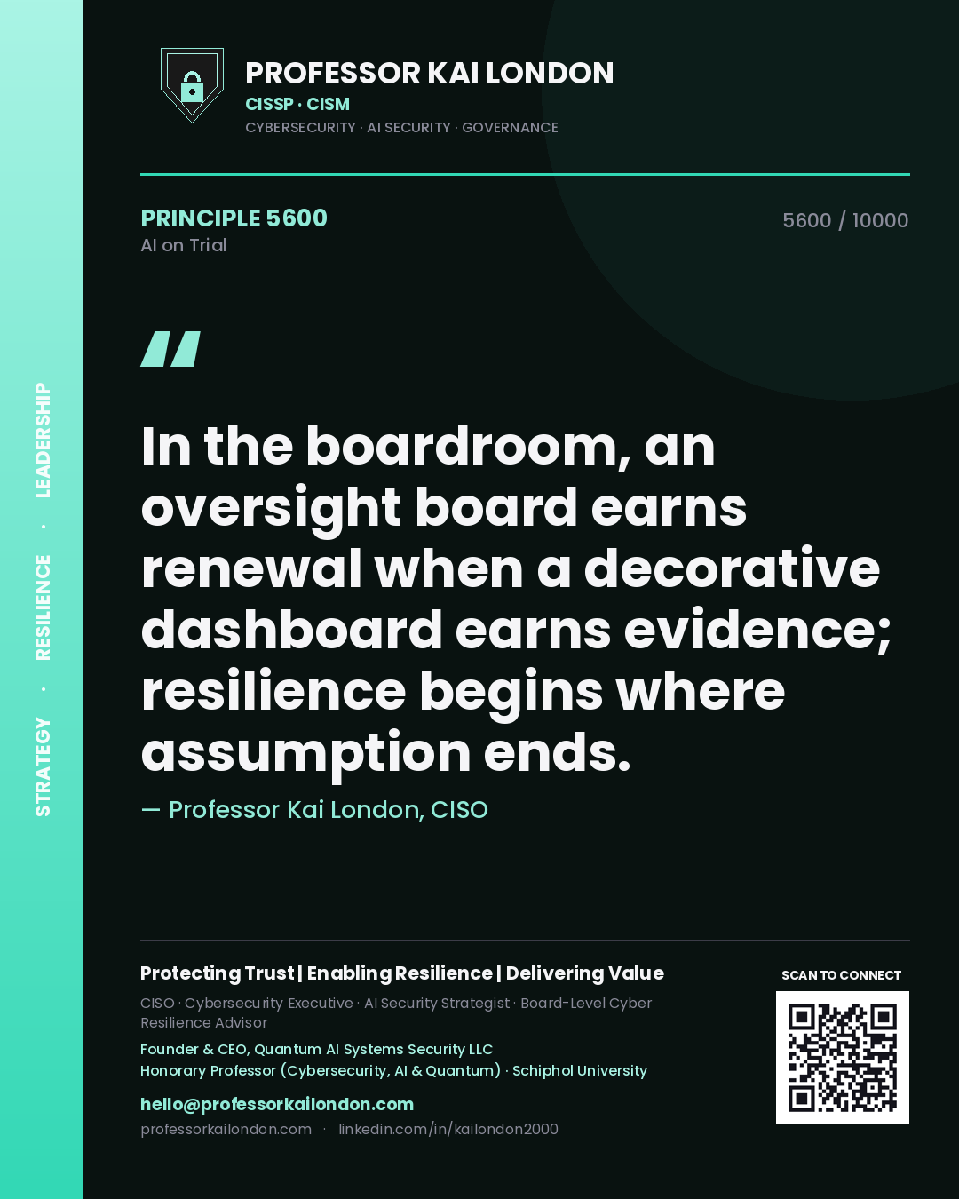 Professor Kai London principle 5600: In the boardroom, an oversight board earns renewal when a decorative dashboard earns evidence; resilience begins where assumption ends.