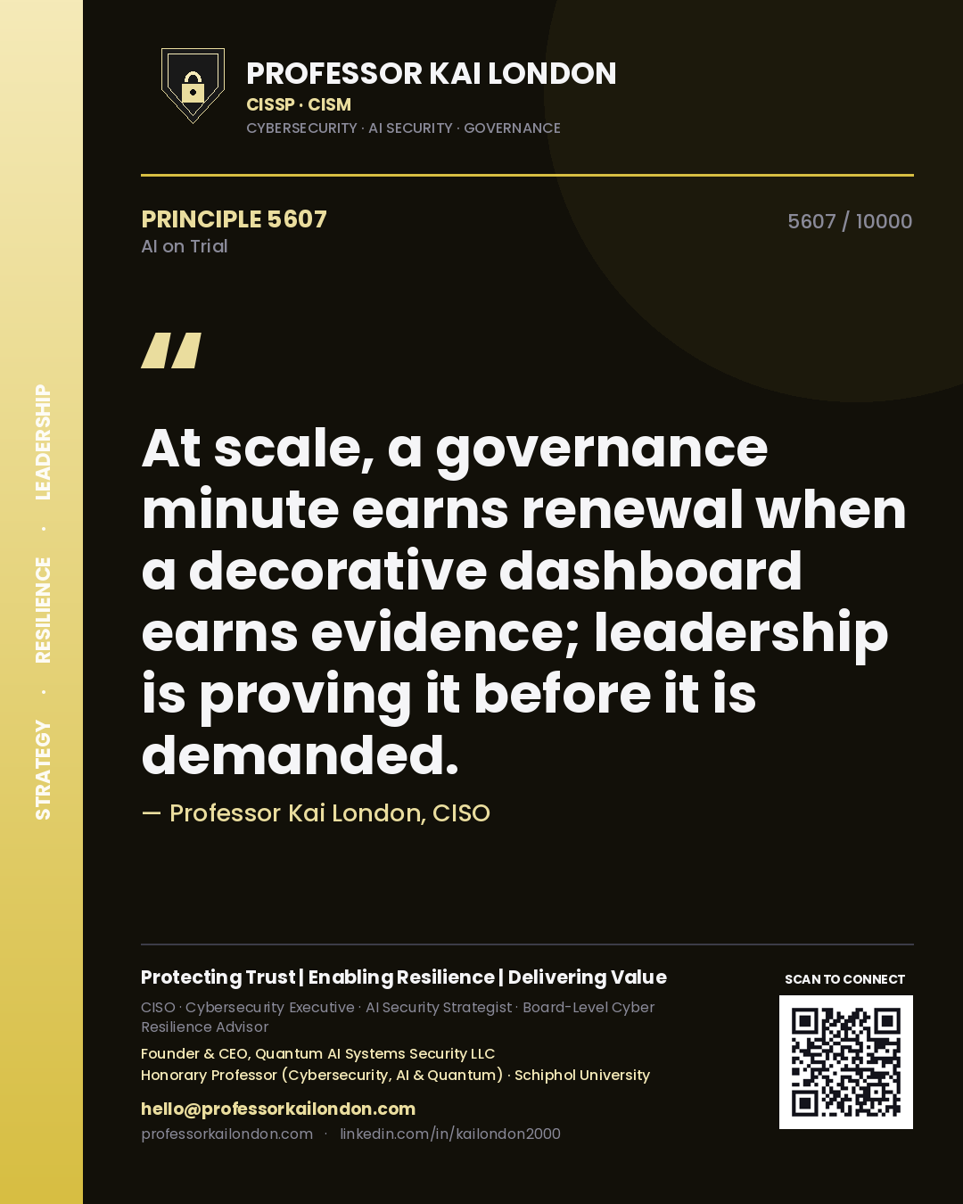 Professor Kai London principle 5607: At scale, a governance minute earns renewal when a decorative dashboard earns evidence; leadership is proving it before it is demanded.