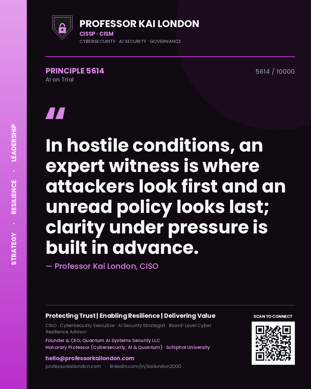 Professor Kai London principle 5614: In hostile conditions, an expert witness is where attackers look first and an unread policy looks last; clarity under pressure is built in advance.