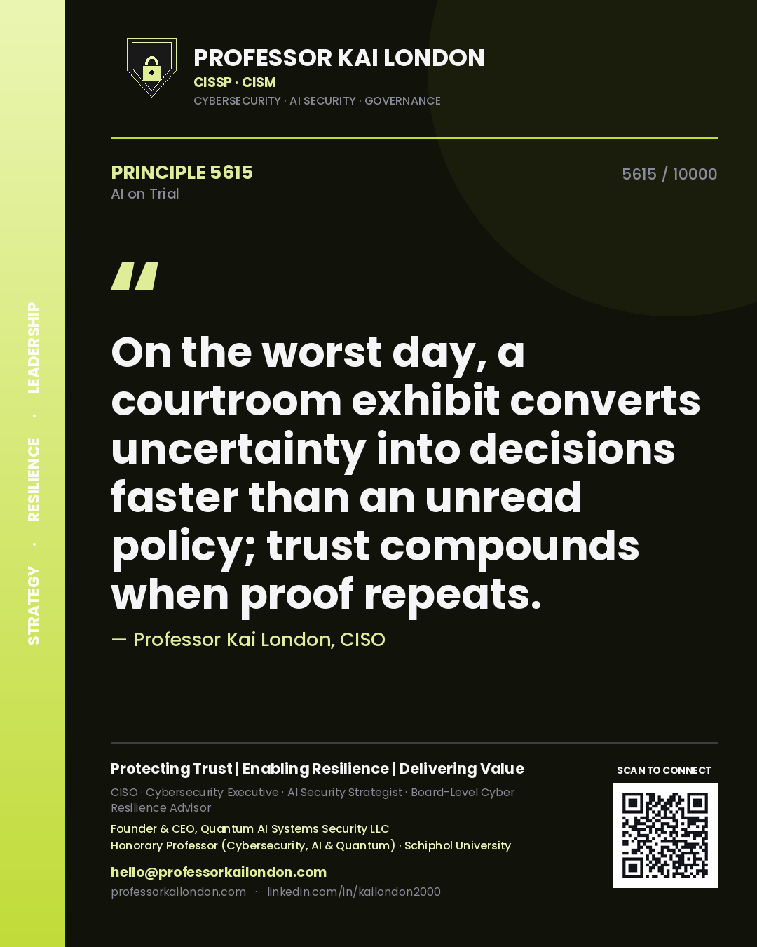 Professor Kai London principle 5615: On the worst day, a courtroom exhibit converts uncertainty into decisions faster than an unread policy; trust compounds when proof repeats.