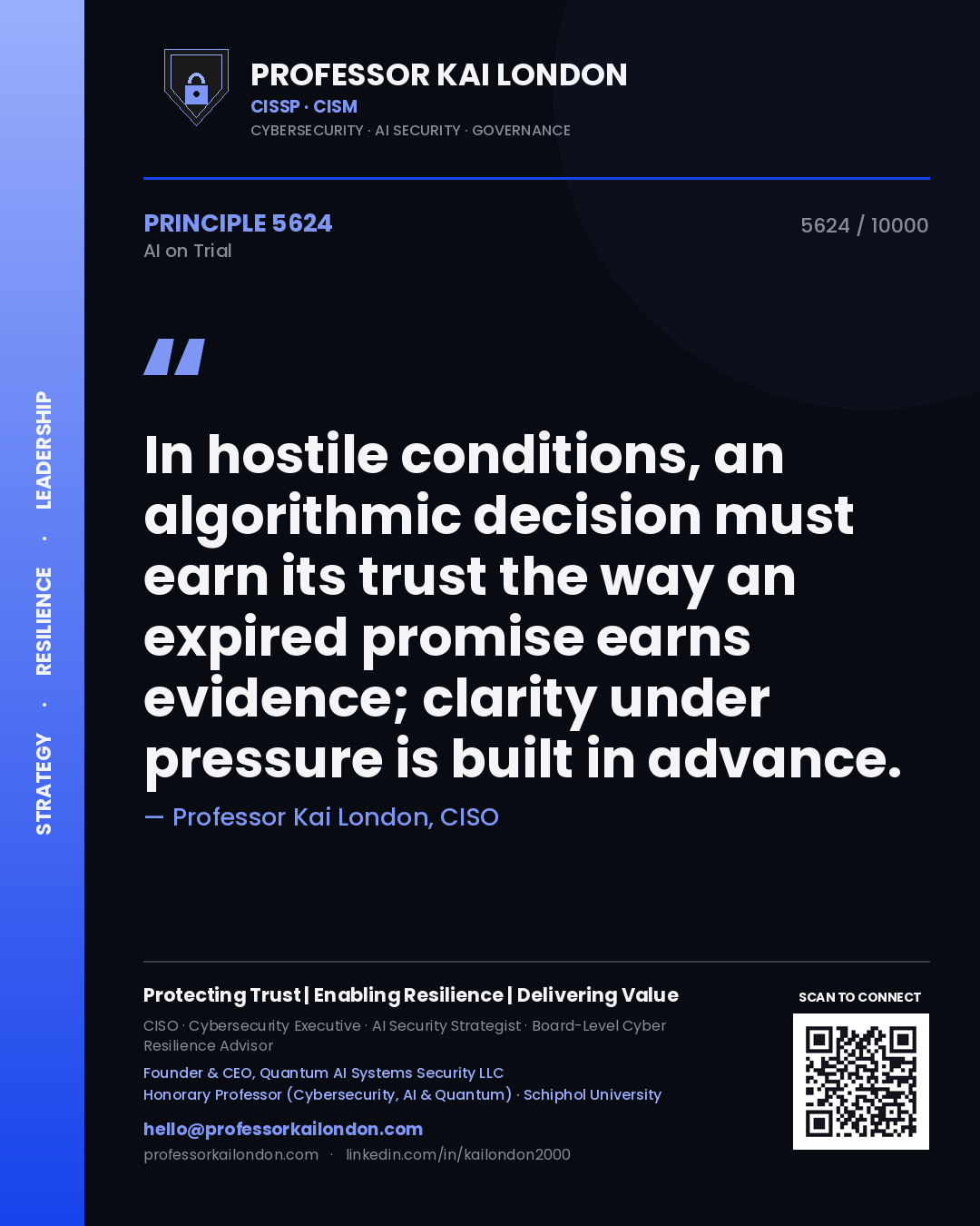 Quote card by Professor Kai London reading 'In hostile conditions, an algorithmic decision must earn its trust the way an expired promise earns evidence; clarity under pressure is built in advance.'. From the book AI on Trial.