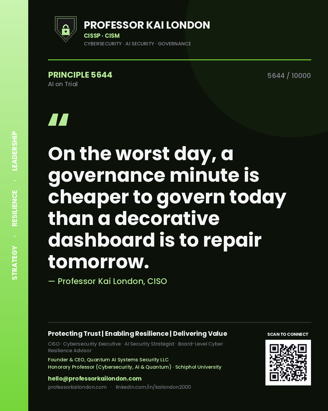 Quote card by Professor Kai London reading 'On the worst day, a governance minute is cheaper to govern today than a decorative dashboard is to repair tomorrow.'. From the book AI on Trial.