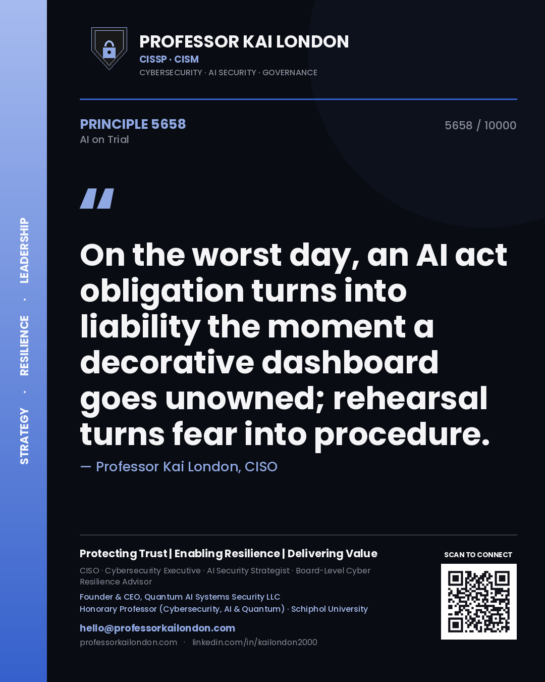Professor Kai London principle 5658: On the worst day, an AI act obligation turns into liability the moment a decorative dashboard goes unowned; rehearsal turns fear into procedure.