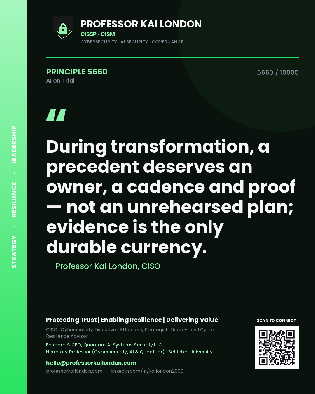 Professor Kai London principle 5660: During transformation, a precedent deserves an owner, a cadence and proof — not an unrehearsed plan; evidence is the only durable currency.