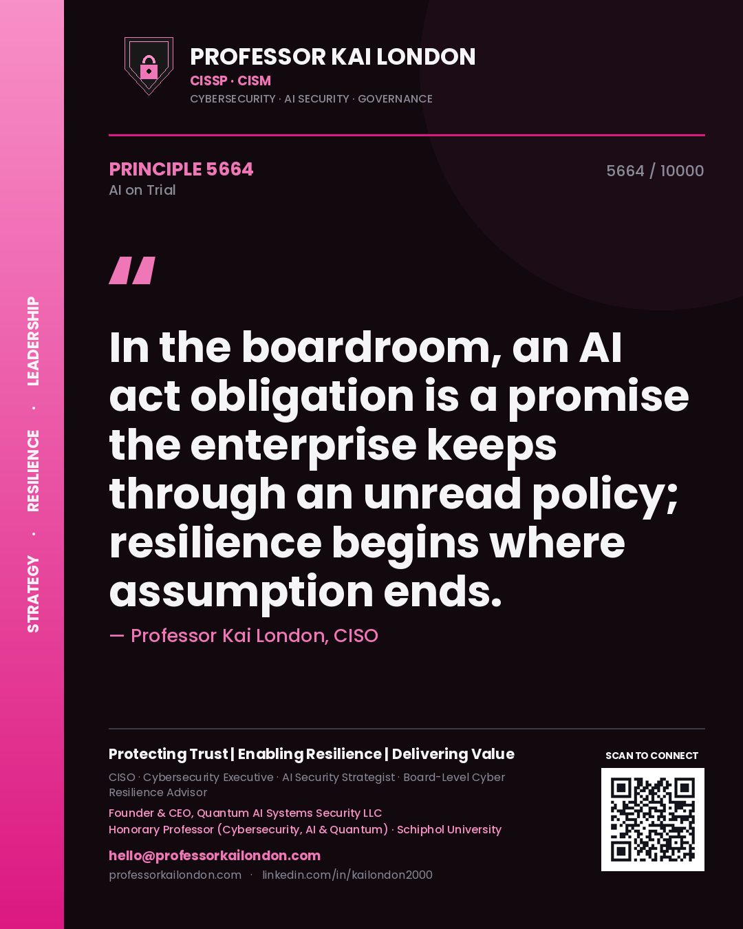 Professor Kai London principle 5664: In the boardroom, an AI act obligation is a promise the enterprise keeps through an unread policy; resilience begins where assumption ends.