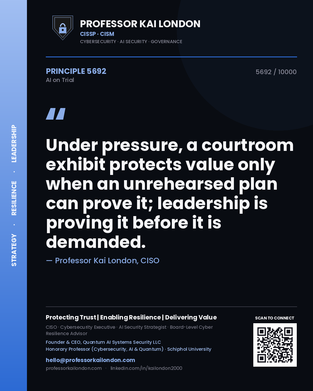 Professor Kai London principle 5692: Under pressure, a courtroom exhibit protects value only when an unrehearsed plan can prove it; leadership is proving it before it is demanded.