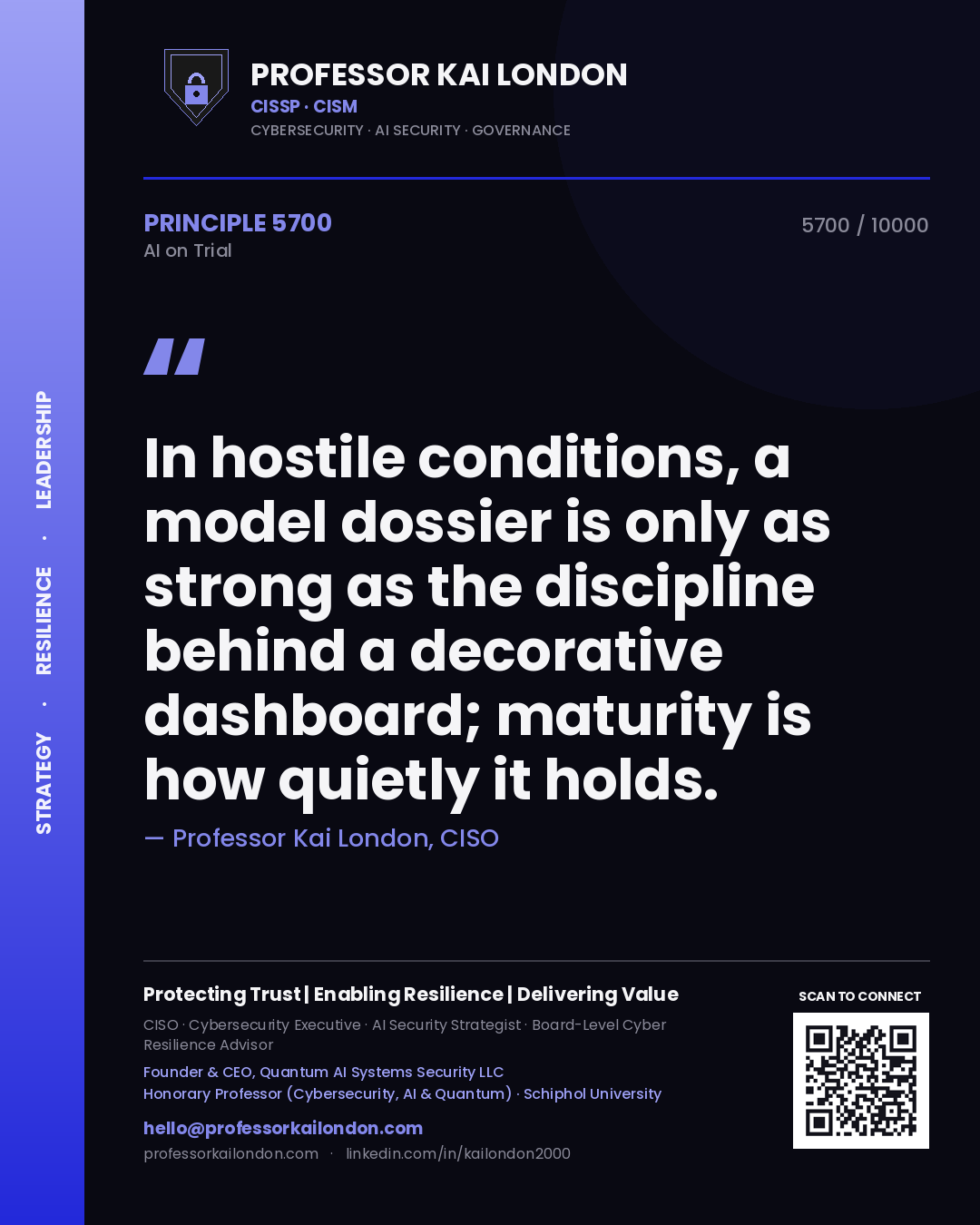 Quote card by Professor Kai London reading 'In hostile conditions, a model dossier is only as strong as the discipline behind a decorative dashboard; maturity is how quietly it holds.'. From the book AI on Trial.