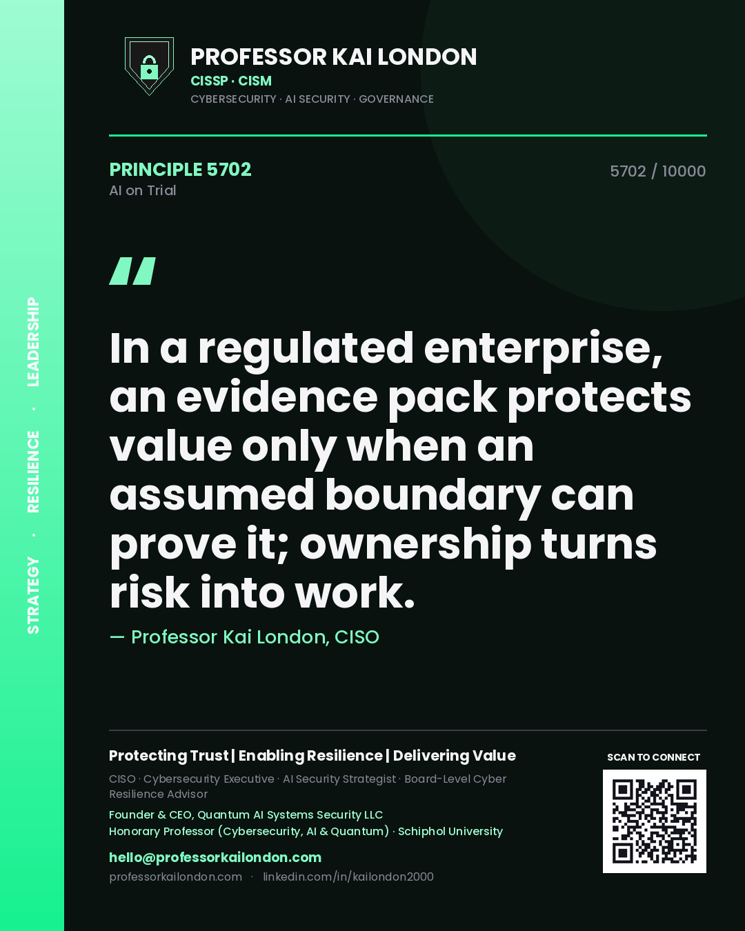 Professor Kai London principle 5702: In a regulated enterprise, an evidence pack protects value only when an assumed boundary can prove it; ownership turns risk into work.