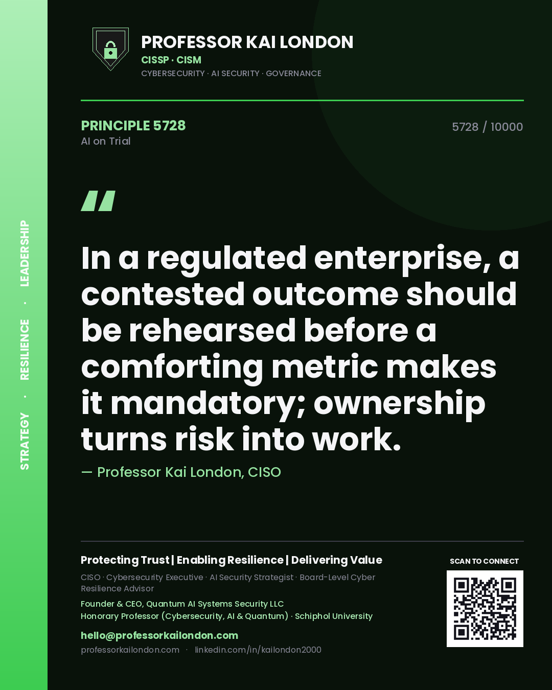 Professor Kai London principle 5728: In a regulated enterprise, a contested outcome should be rehearsed before a comforting metric makes it mandatory; ownership turns risk into work.