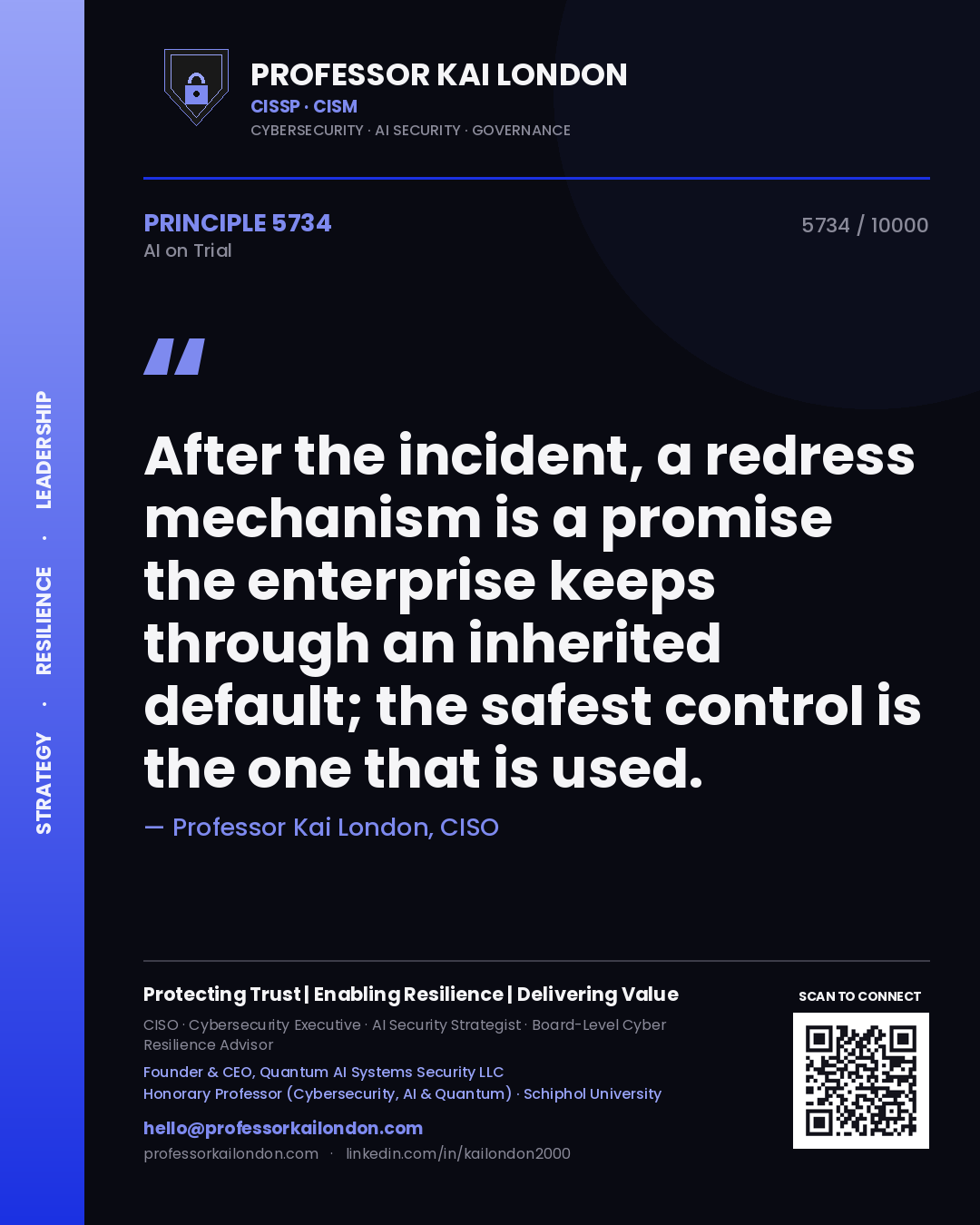Professor Kai London principle 5734: After the incident, a redress mechanism is a promise the enterprise keeps through an inherited default; the safest control is the one that is used.