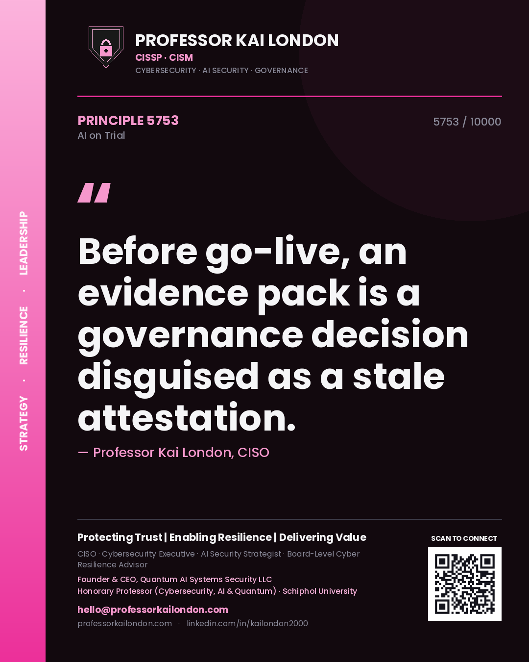 Quote card by Professor Kai London reading 'Before go-live, an evidence pack is a governance decision disguised as a stale attestation.'. From the book AI on Trial.