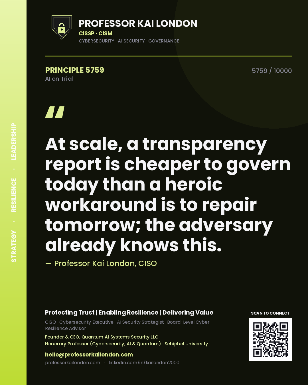 Professor Kai London principle 5759: At scale, a transparency report is cheaper to govern today than a heroic workaround is to repair tomorrow; the adversary already knows this.