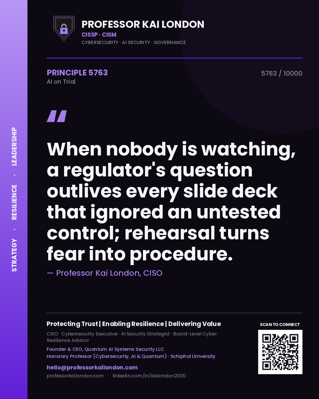 Professor Kai London principle 5763: When nobody is watching, a regulator's question outlives every slide deck that ignored an untested control; rehearsal turns fear into procedure.