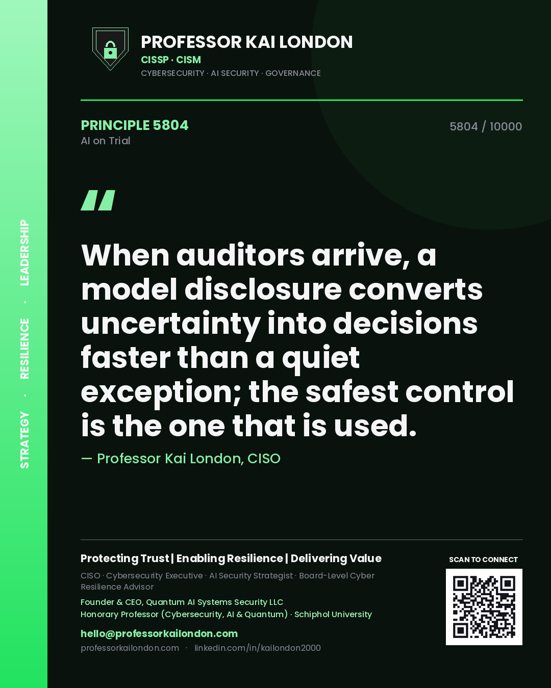 Professor Kai London principle 5804: When auditors arrive, a model disclosure converts uncertainty into decisions faster than a quiet exception; the safest control is the one that is used.