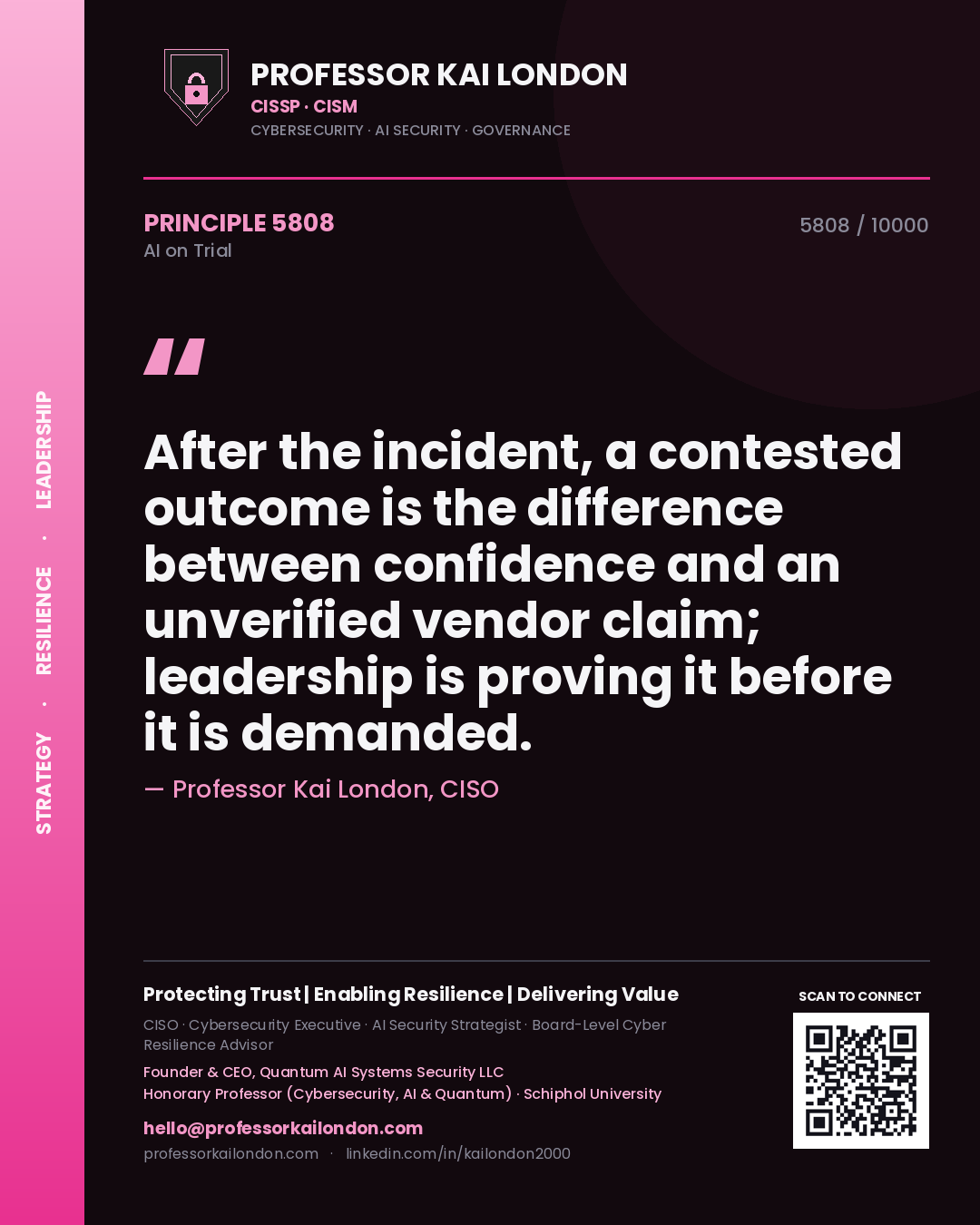 Professor Kai London principle 5808: After the incident, a contested outcome is the difference between confidence and an unverified vendor claim; leadership is proving it before it is demanded.