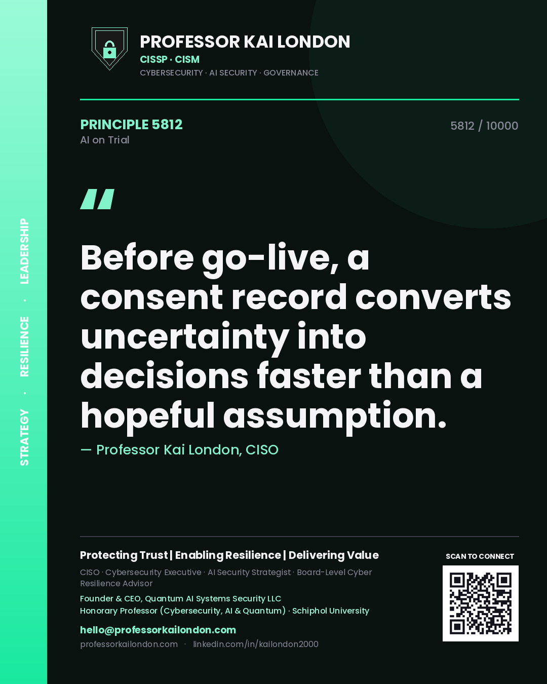 Professor Kai London principle 5812: Before go-live, a consent record converts uncertainty into decisions faster than a hopeful assumption.