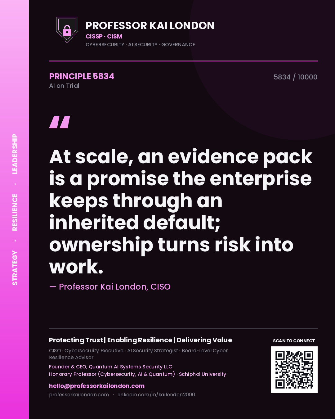 Professor Kai London principle 5834: At scale, an evidence pack is a promise the enterprise keeps through an inherited default; ownership turns risk into work.