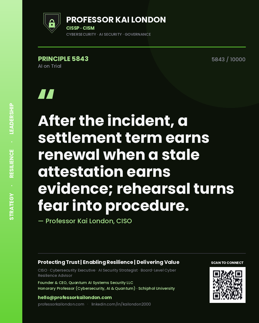 Quote card by Professor Kai London reading 'After the incident, a settlement term earns renewal when a stale attestation earns evidence; rehearsal turns fear into procedure.'. From the book AI on Trial.