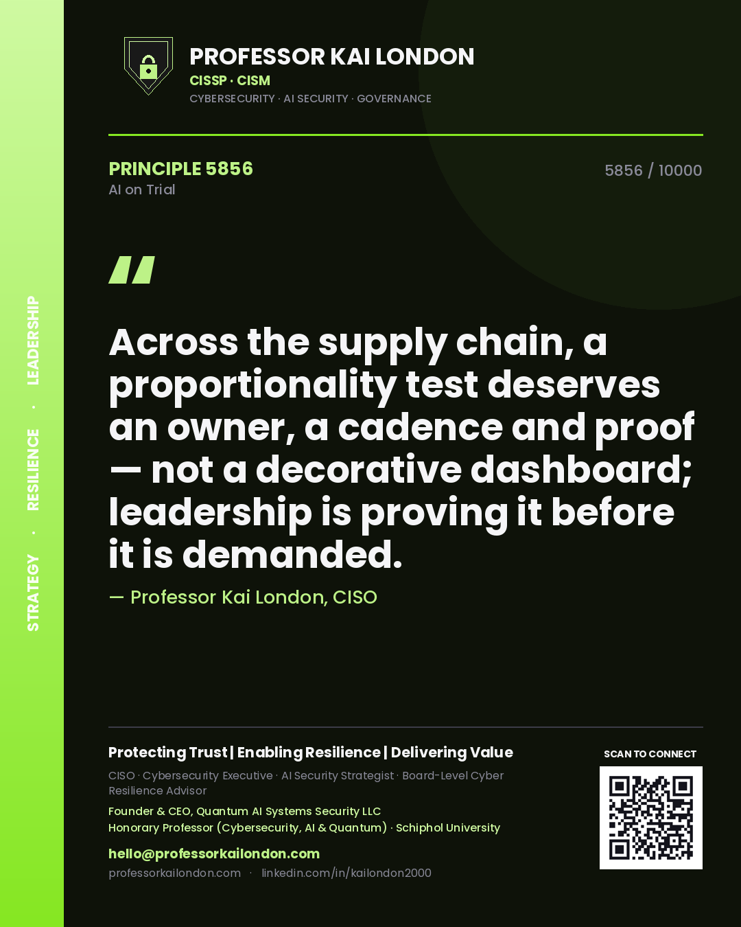 Professor Kai London principle 5856: Across the supply chain, a proportionality test deserves an owner, a cadence and proof — not a decorative dashboard; leadership is proving it before it is demanded.