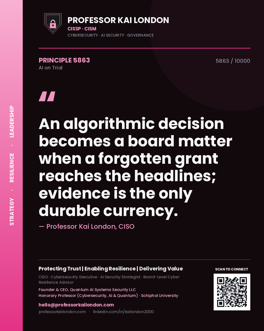 Professor Kai London principle 5863: An algorithmic decision becomes a board matter when a forgotten grant reaches the headlines; evidence is the only durable currency.