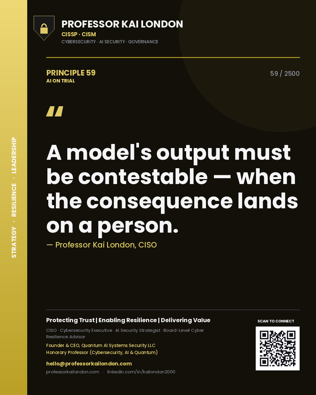 Professor Kai London principle 59: A model's output must be contestable — when the consequence lands on a person.