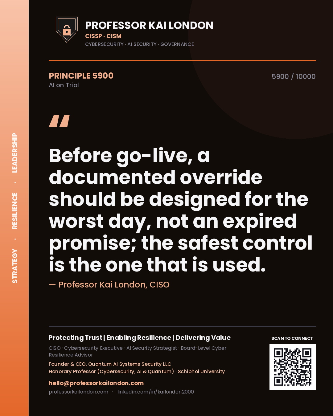Quote card by Professor Kai London reading 'Before go-live, a documented override should be designed for the worst day, not an expired promise; the safest control is the one that is used.'. From the book AI on Trial.