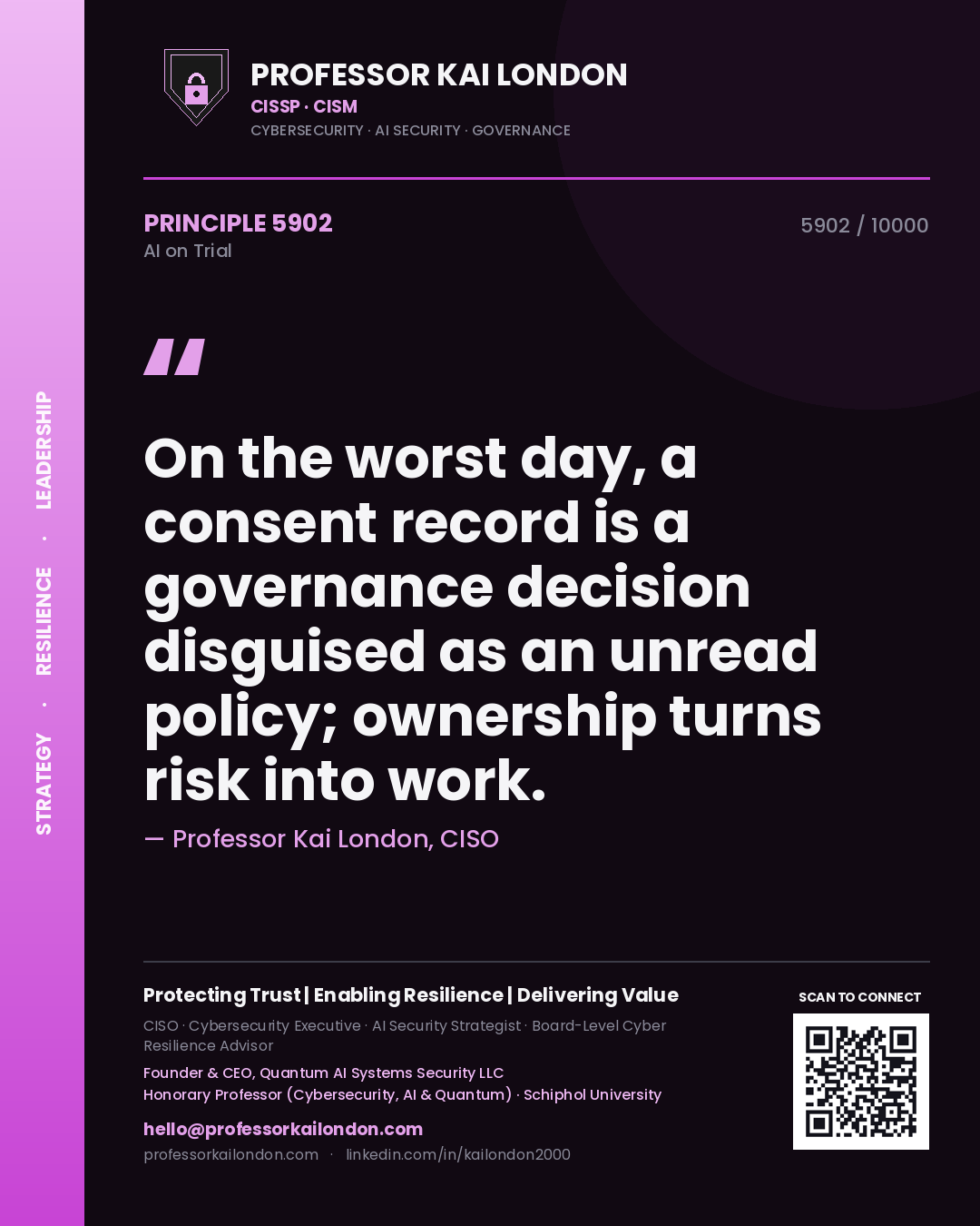 Quote card by Professor Kai London reading 'On the worst day, a consent record is a governance decision disguised as an unread policy; ownership turns risk into work.'. From the book AI on Trial.