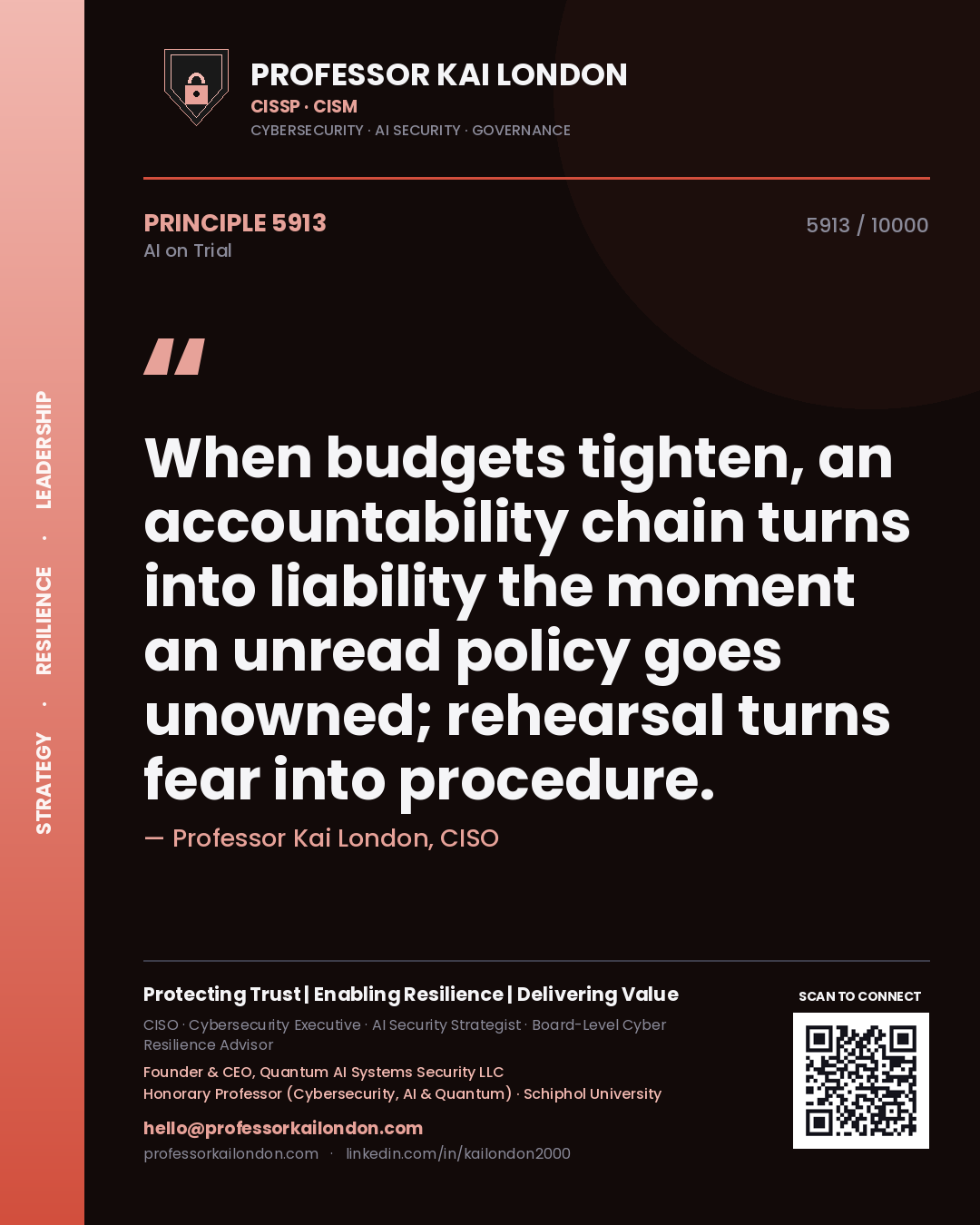 Professor Kai London principle 5913: When budgets tighten, an accountability chain turns into liability the moment an unread policy goes unowned; rehearsal turns fear into procedure.