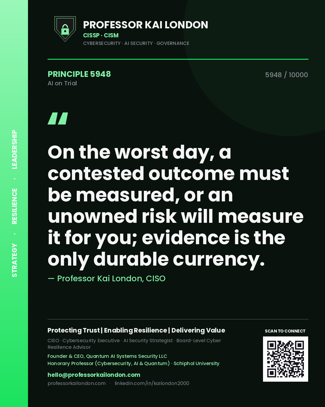 Professor Kai London principle 5948: On the worst day, a contested outcome must be measured, or an unowned risk will measure it for you; evidence is the only durable currency.