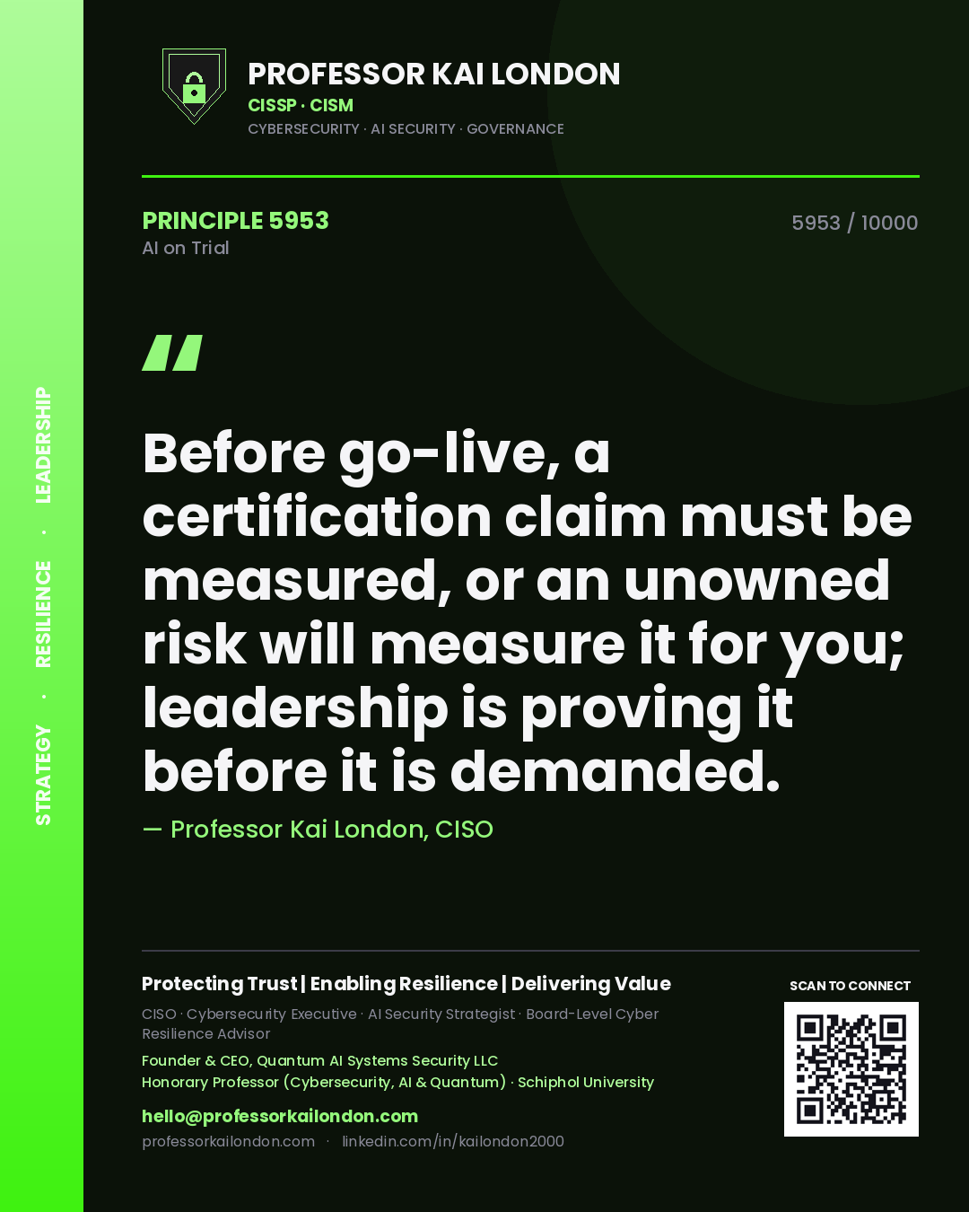 Professor Kai London principle 5953: Before go-live, a certification claim must be measured, or an unowned risk will measure it for you; leadership is proving it before it is demanded.