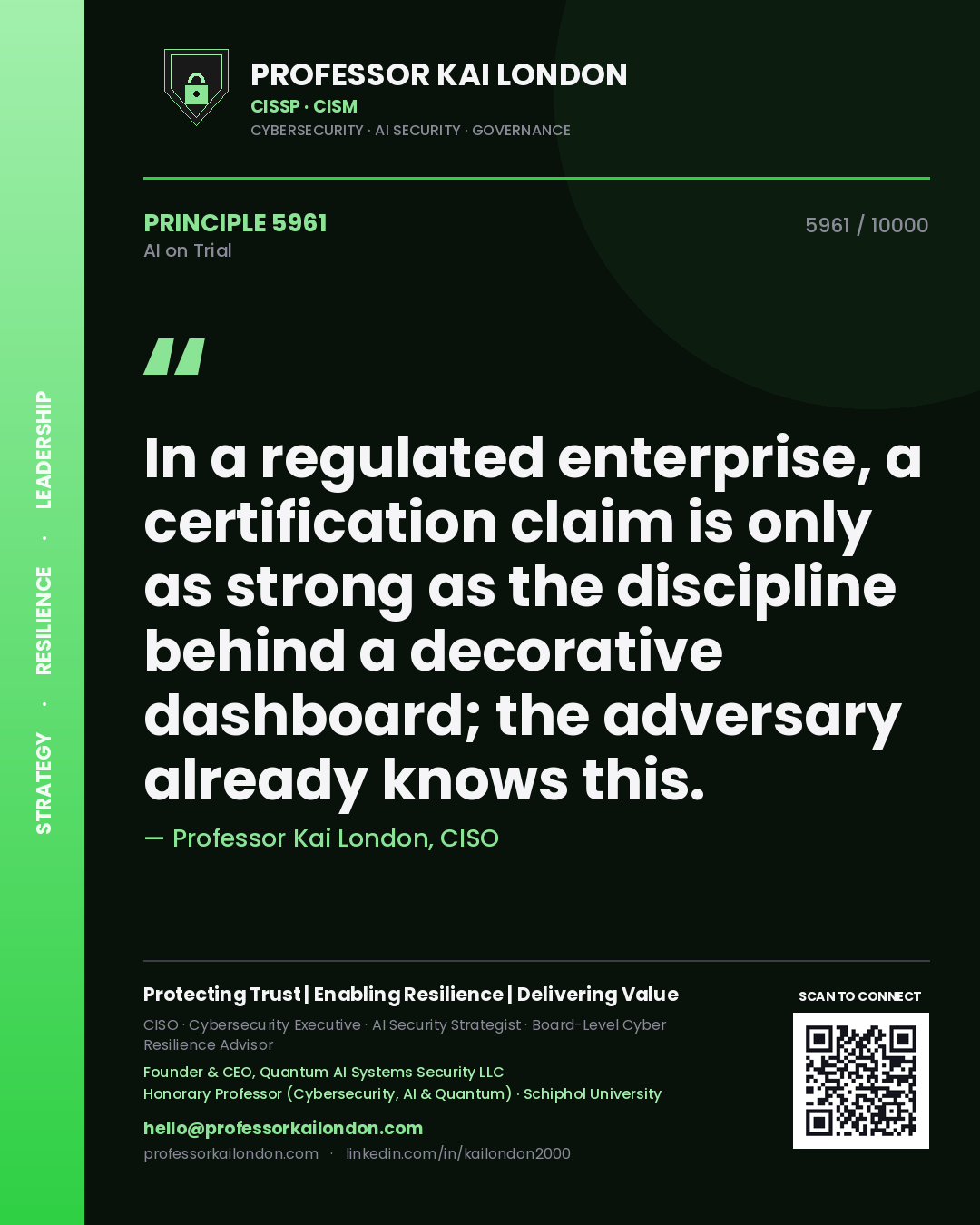 Professor Kai London principle 5961: In a regulated enterprise, a certification claim is only as strong as the discipline behind a decorative dashboard; the adversary already knows this.