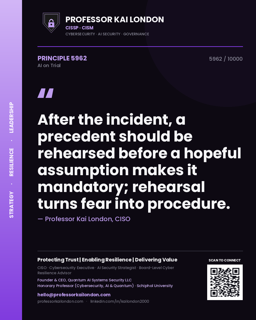 Professor Kai London principle 5962: After the incident, a precedent should be rehearsed before a hopeful assumption makes it mandatory; rehearsal turns fear into procedure.