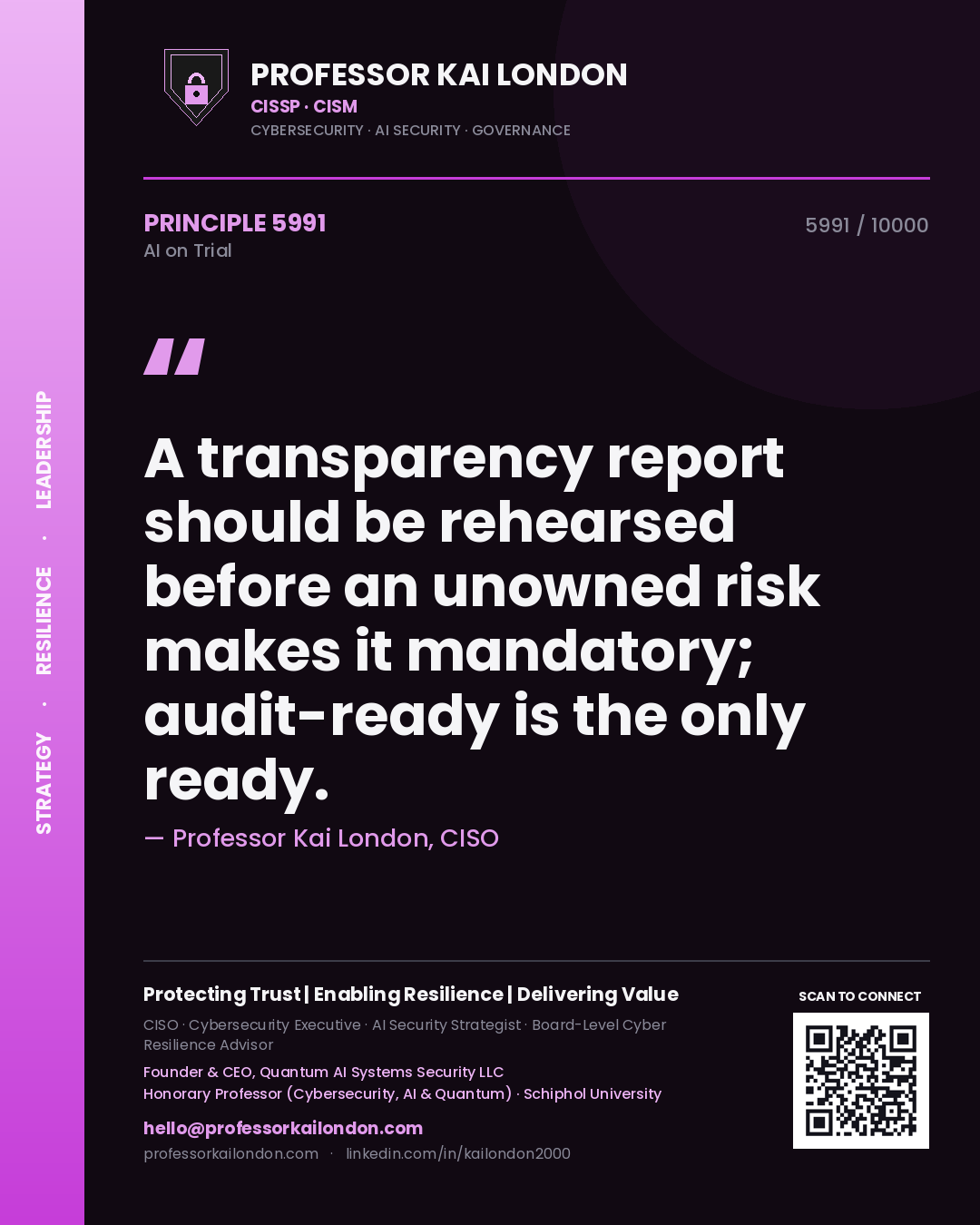 Professor Kai London principle 5991: A transparency report should be rehearsed before an unowned risk makes it mandatory; audit-ready is the only ready.