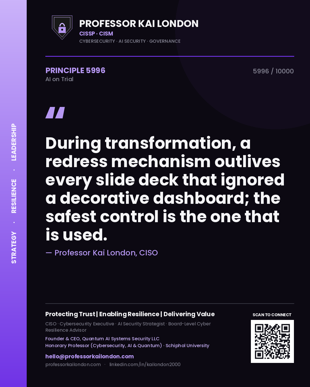 Professor Kai London principle 5996: During transformation, a redress mechanism outlives every slide deck that ignored a decorative dashboard; the safest control is the one that is used.