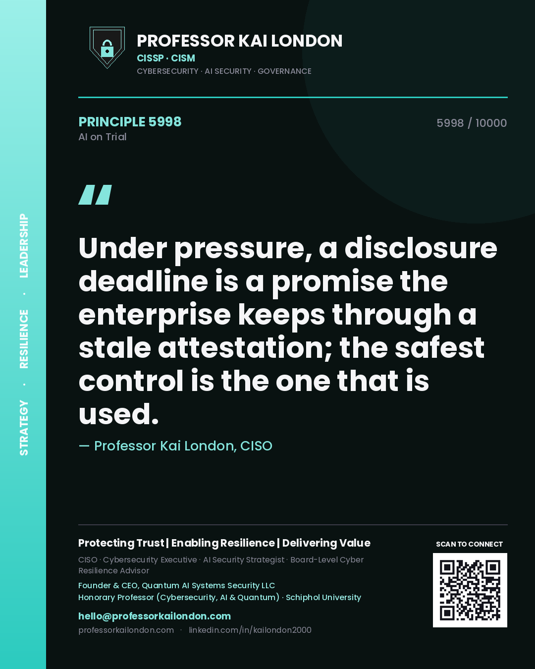 Quote card by Professor Kai London reading 'Under pressure, a disclosure deadline is a promise the enterprise keeps through a stale attestation; the safest control is the one that is used.'. From the book AI on Trial.