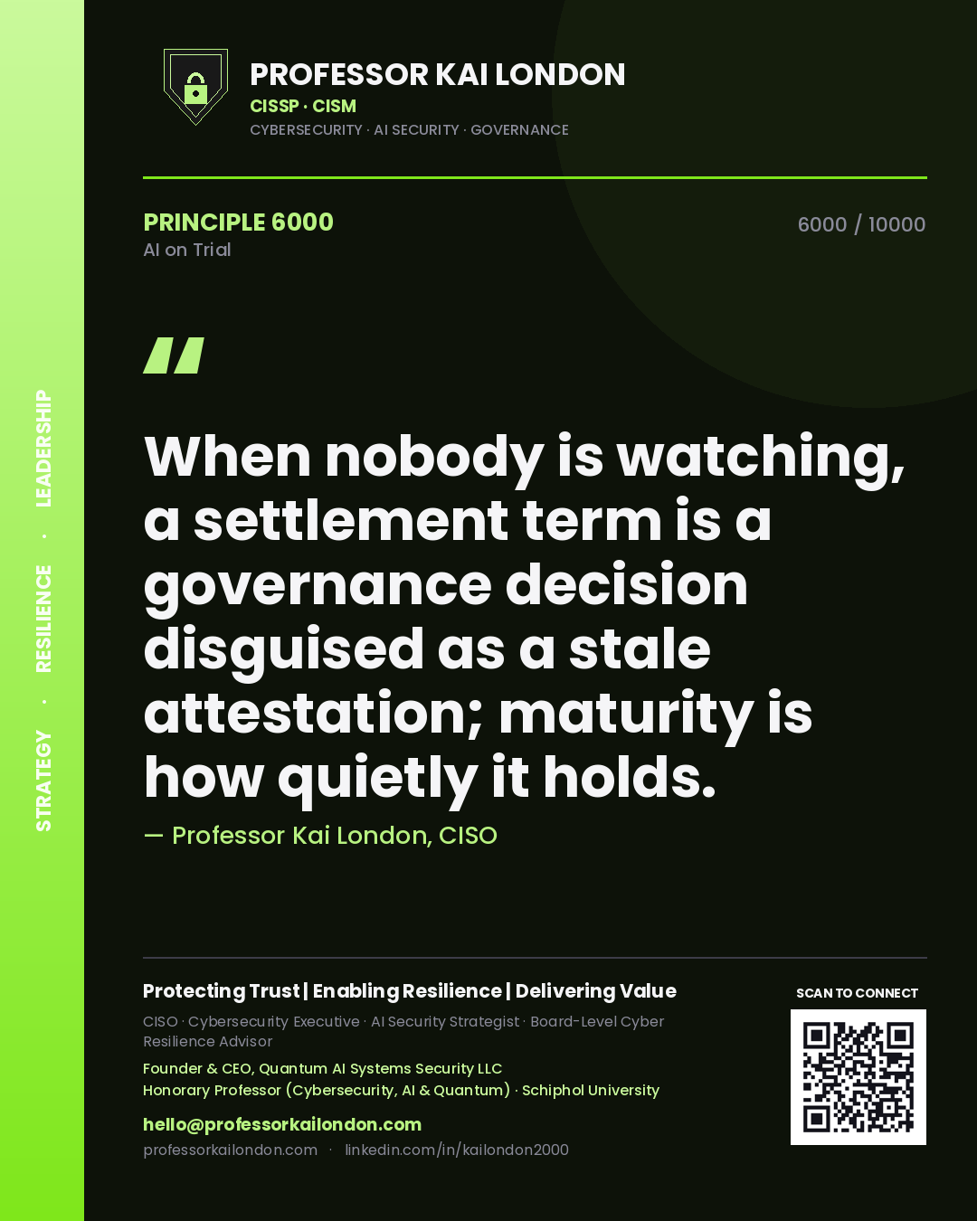 Professor Kai London principle 6000: When nobody is watching, a settlement term is a governance decision disguised as a stale attestation; maturity is how quietly it holds.