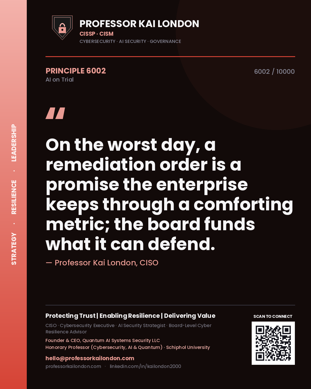 Professor Kai London principle 6002: On the worst day, a remediation order is a promise the enterprise keeps through a comforting metric; the board funds what it can defend.