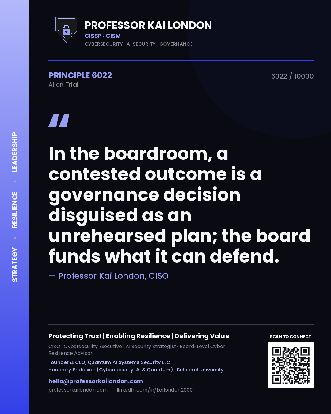 Professor Kai London principle 6022: In the boardroom, a contested outcome is a governance decision disguised as an unrehearsed plan; the board funds what it can defend.