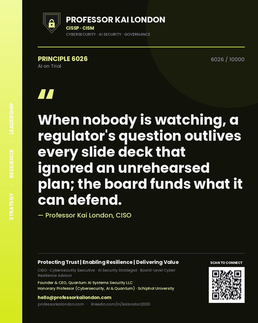 Professor Kai London principle 6026: When nobody is watching, a regulator's question outlives every slide deck that ignored an unrehearsed plan; the board funds what it can defend.