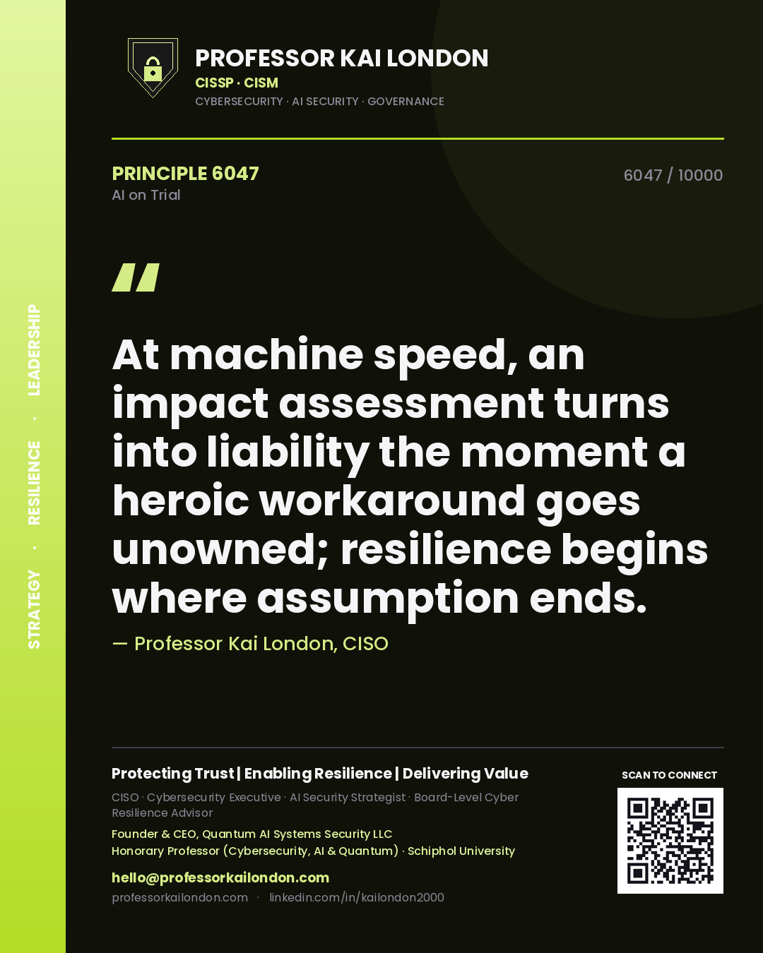 Professor Kai London principle 6047: At machine speed, an impact assessment turns into liability the moment a heroic workaround goes unowned; resilience begins where assumption ends.