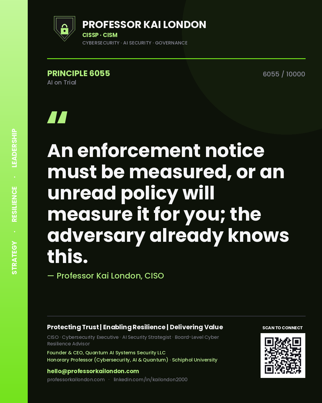 Quote card by Professor Kai London reading 'An enforcement notice must be measured, or an unread policy will measure it for you; the adversary already knows this.'. From the book AI on Trial.