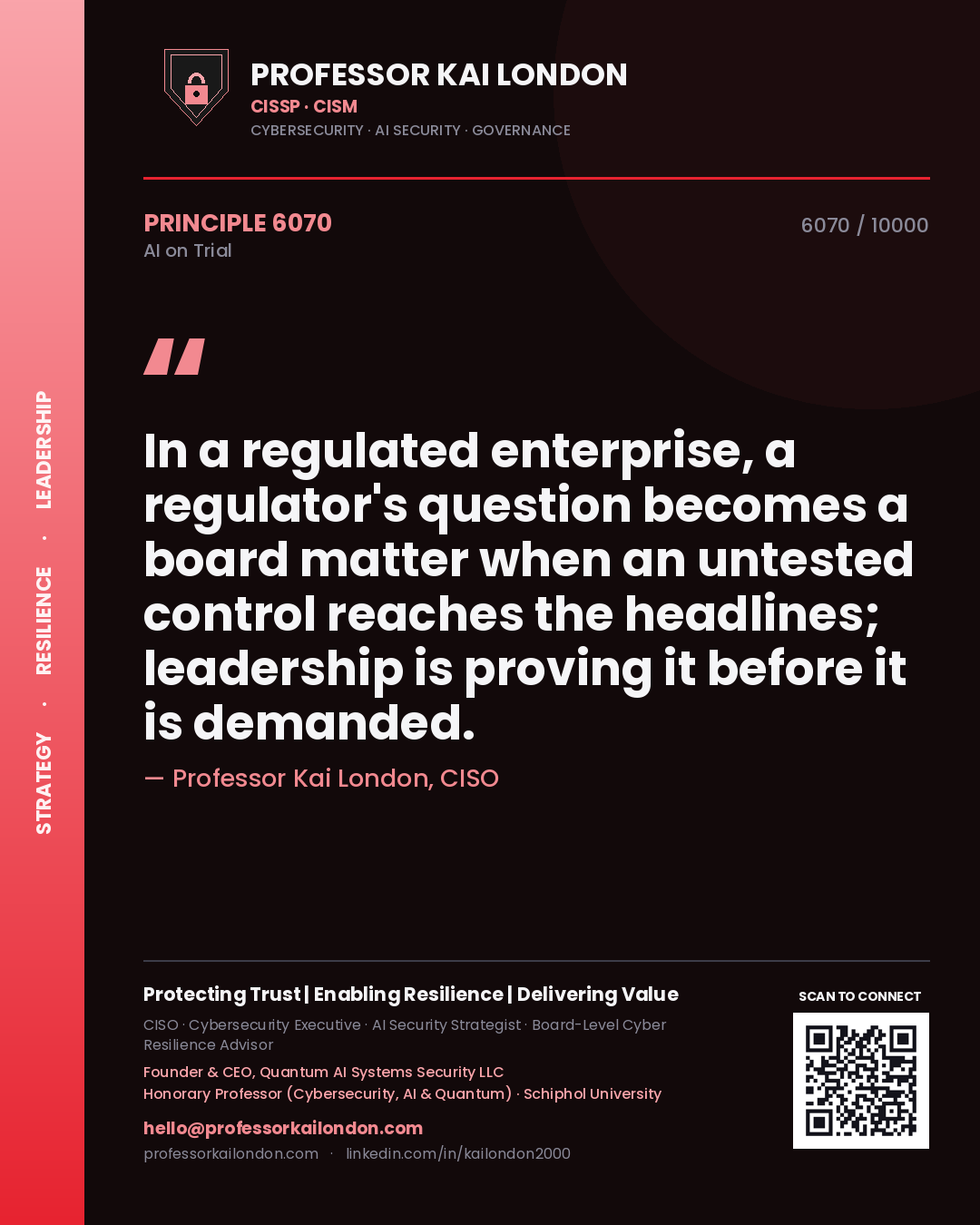 Professor Kai London principle 6070: In a regulated enterprise, a regulator's question becomes a board matter when an untested control reaches the headlines; leadership is proving it before it is demanded.