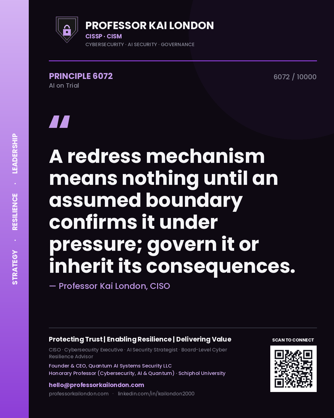 Professor Kai London principle 6072: A redress mechanism means nothing until an assumed boundary confirms it under pressure; govern it or inherit its consequences.