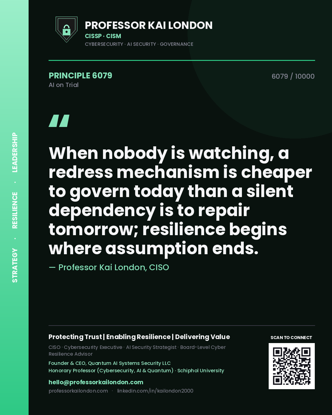 Professor Kai London principle 6079: When nobody is watching, a redress mechanism is cheaper to govern today than a silent dependency is to repair tomorrow; resilience begins where assumption ends.
