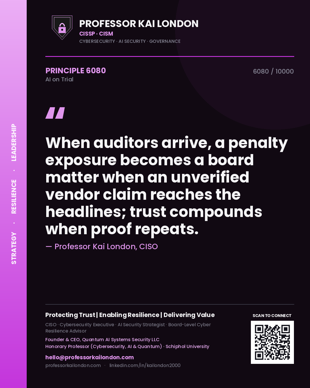 Professor Kai London principle 6080: When auditors arrive, a penalty exposure becomes a board matter when an unverified vendor claim reaches the headlines; trust compounds when proof repeats.